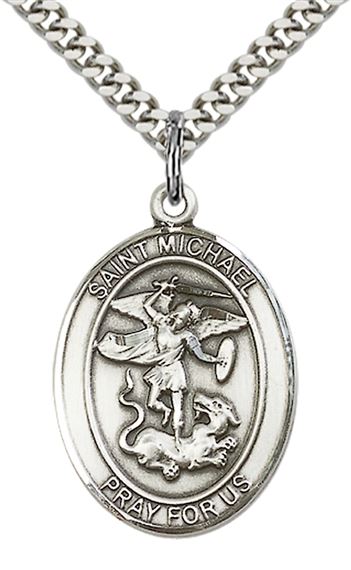 STERLING SILVER ST MICHAEL PENDANT ON A CHAIN - 1" x 3/4"